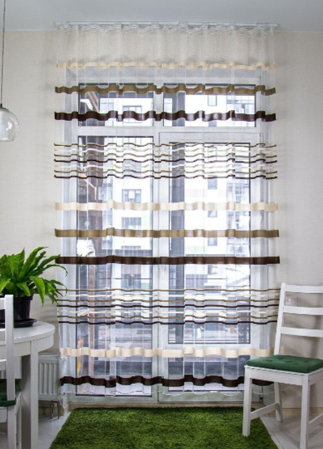 Готовий тюль, ширина 300 см, висота 280 см, малюнок смужками білий з бежевим та коричневим No Brand (260027413)