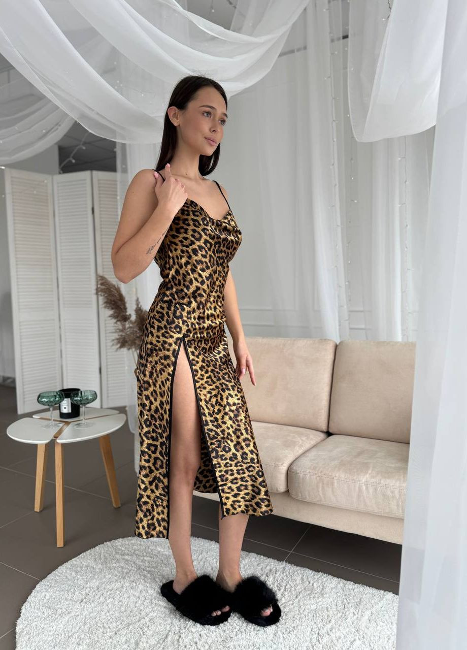 Бежевое домашнее платье-комбинация для дома Vakko леопардовый