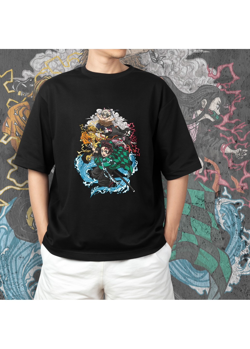 Чорна футболка з принтом клинок розсікаючий демонів - команда 2 No Brand