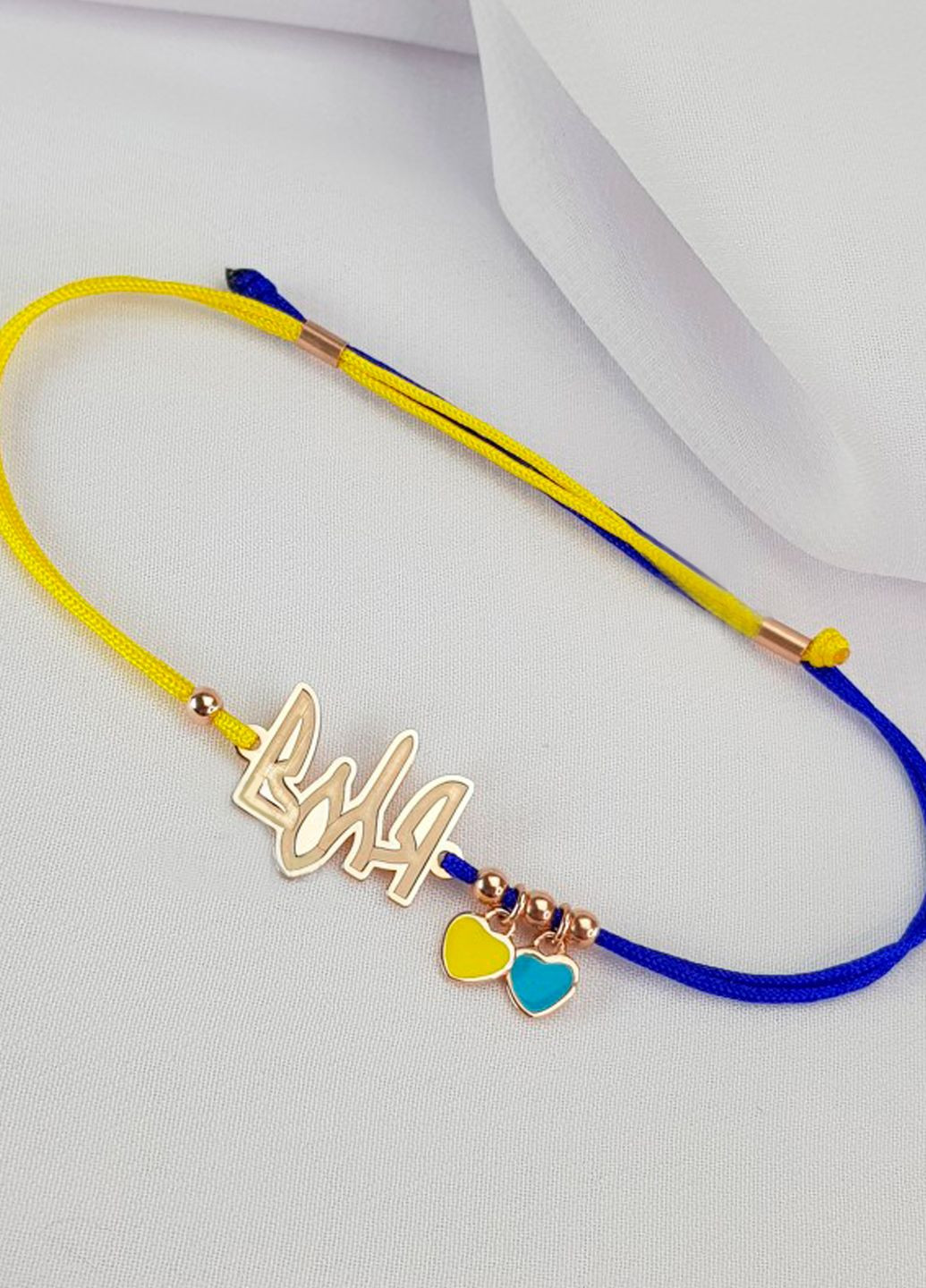 Срібний браслет жовто-синя нитка «Воля» з серцями регулюється позолота Family Tree Jewelry Line (266038568)