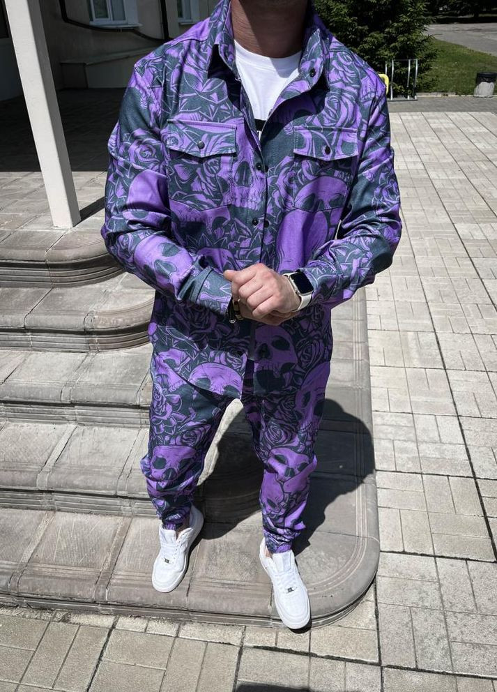 Фіолетовий демісезонний фіолетовий принтований чоловічий зручний костюм із кишенями No Brand