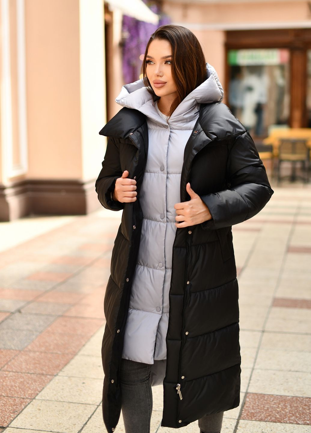 Чорне зимнє Довге жіноче пальто чорне з сірим 89942 трансформер Svidni