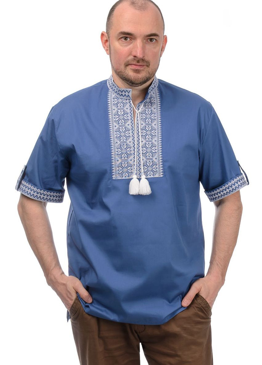 Вышиванка с коротким рукавом мужская (голубая с белой вышивкой) Golfstream (260062811)