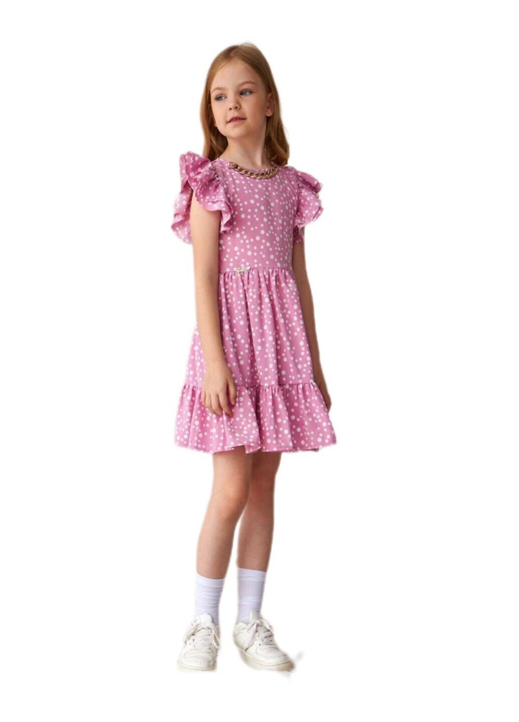 Розовое платье для девочки розовое в горошек Модняшки (260170256)