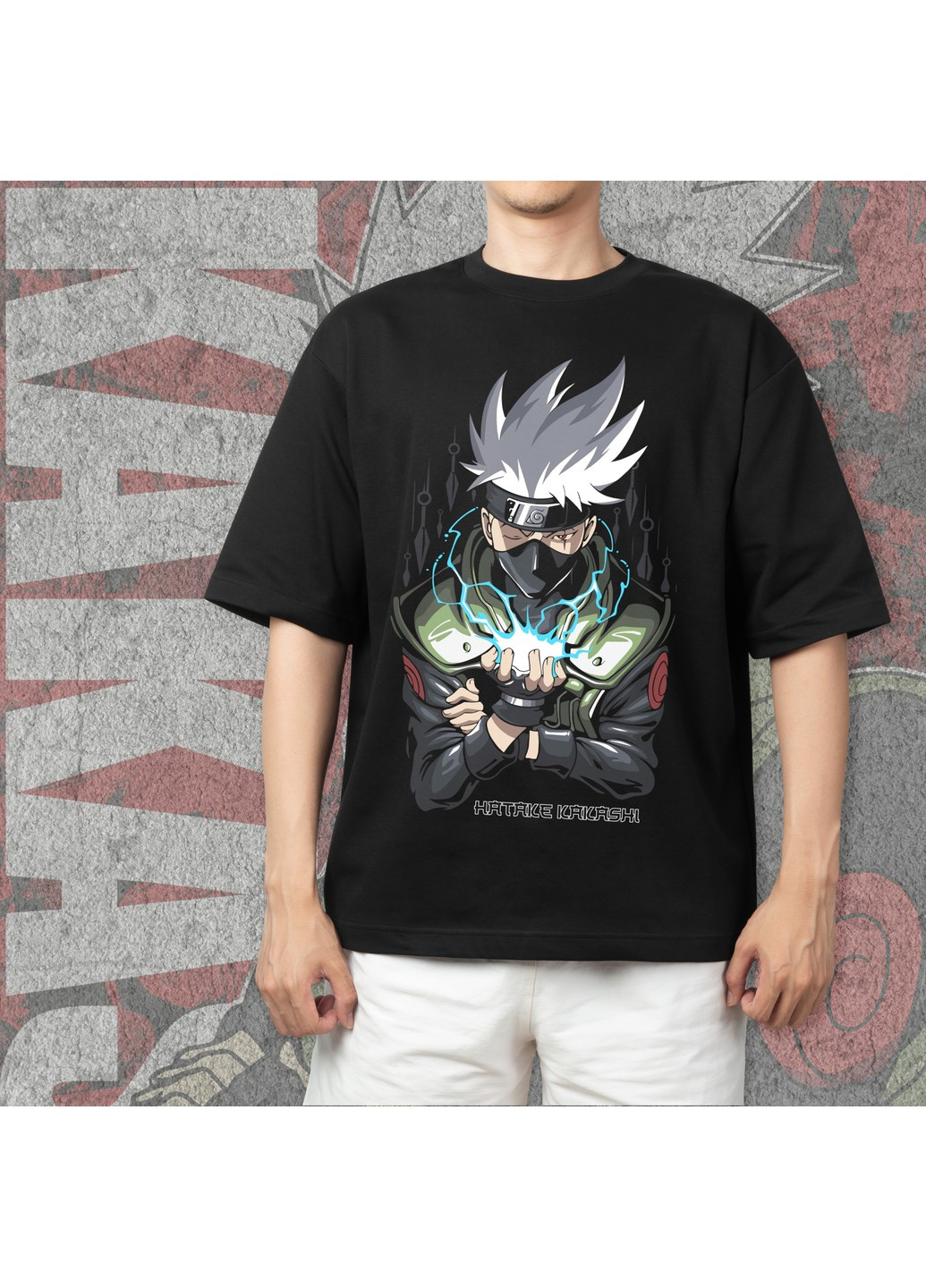 Чорна футболка з принтом наруто - какаші хатаге No Brand