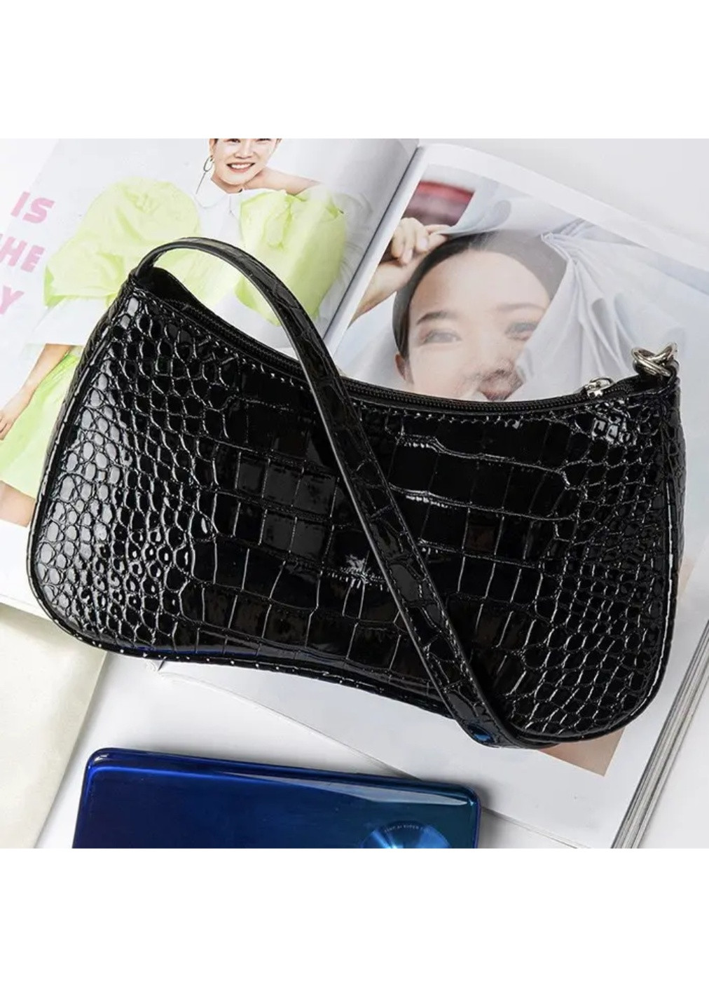 Женская сумка багет рептилия 047 черная No Brand (256989668)