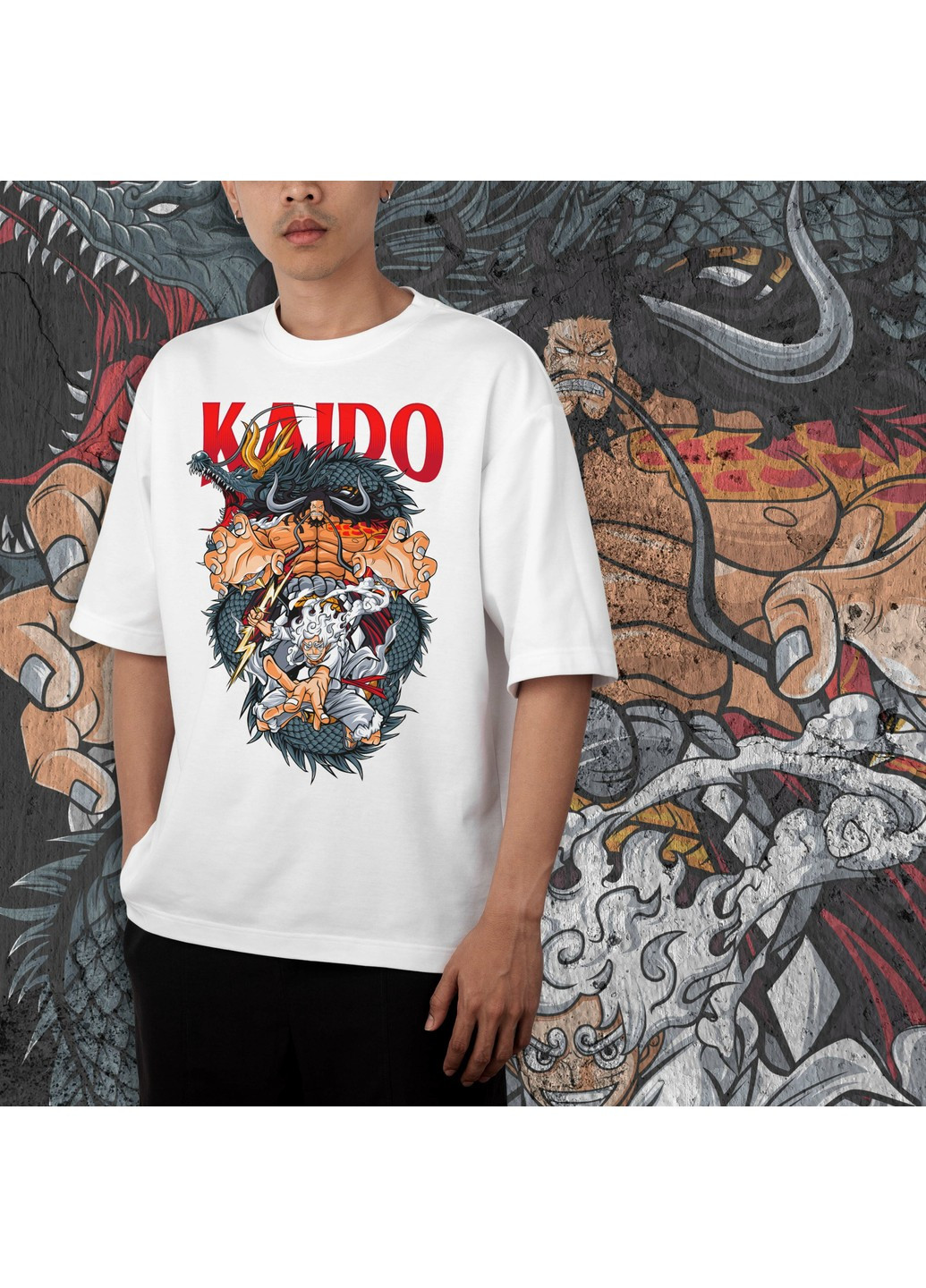 Белая футболка c принтом ван пис - луффи и кайдо 2 No Brand