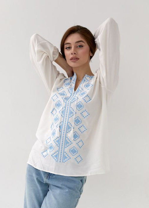 Блузка вышиванка Геометрия белая с голубым No Brand (258263997)