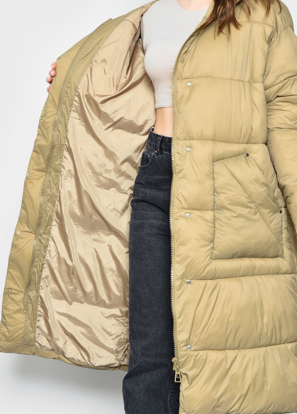 Оливковая зимняя куртка женская еврозима оливкового цвета с поясом Let's Shop
