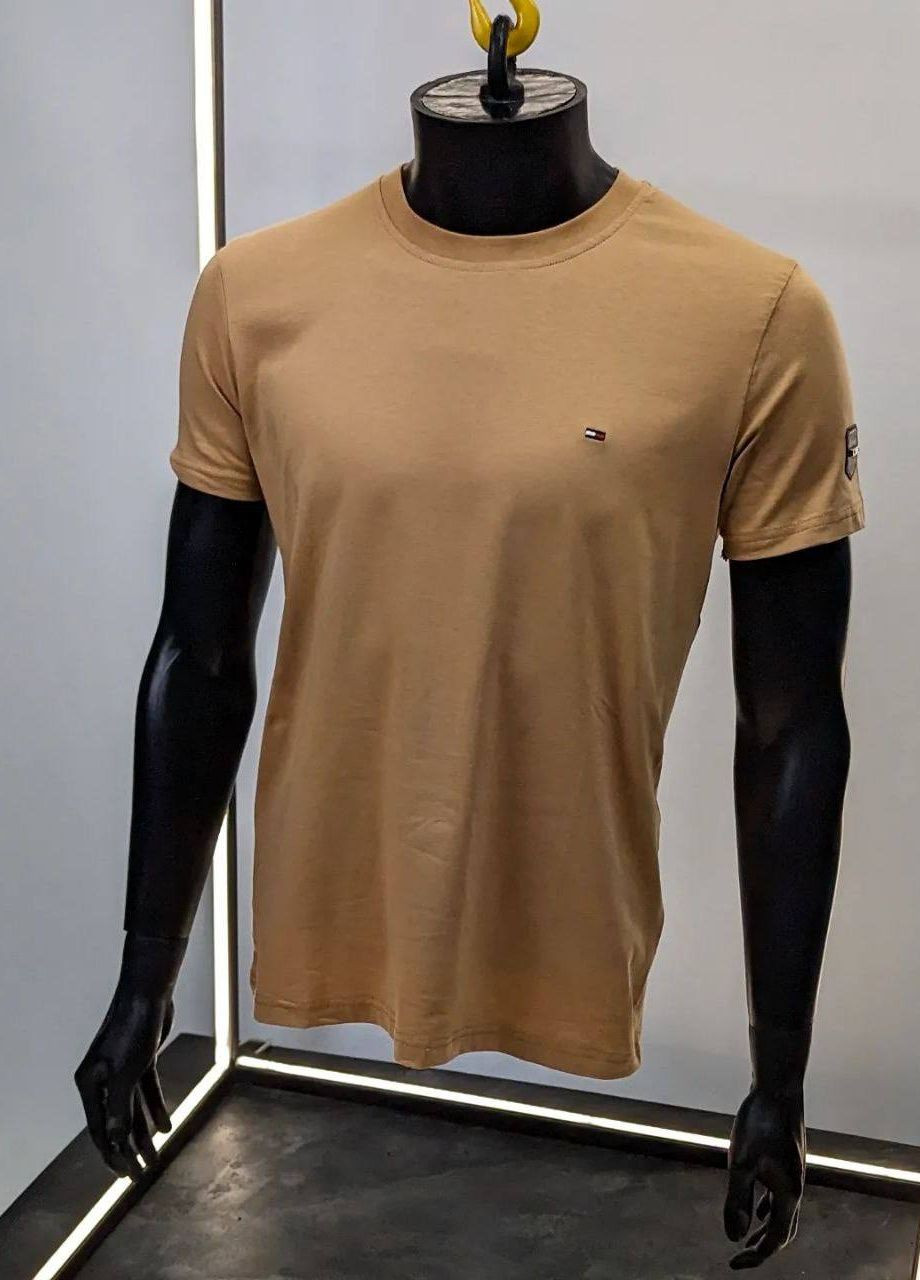 Бежевая футболка мужская коттон с коротким рукавом No Brand
