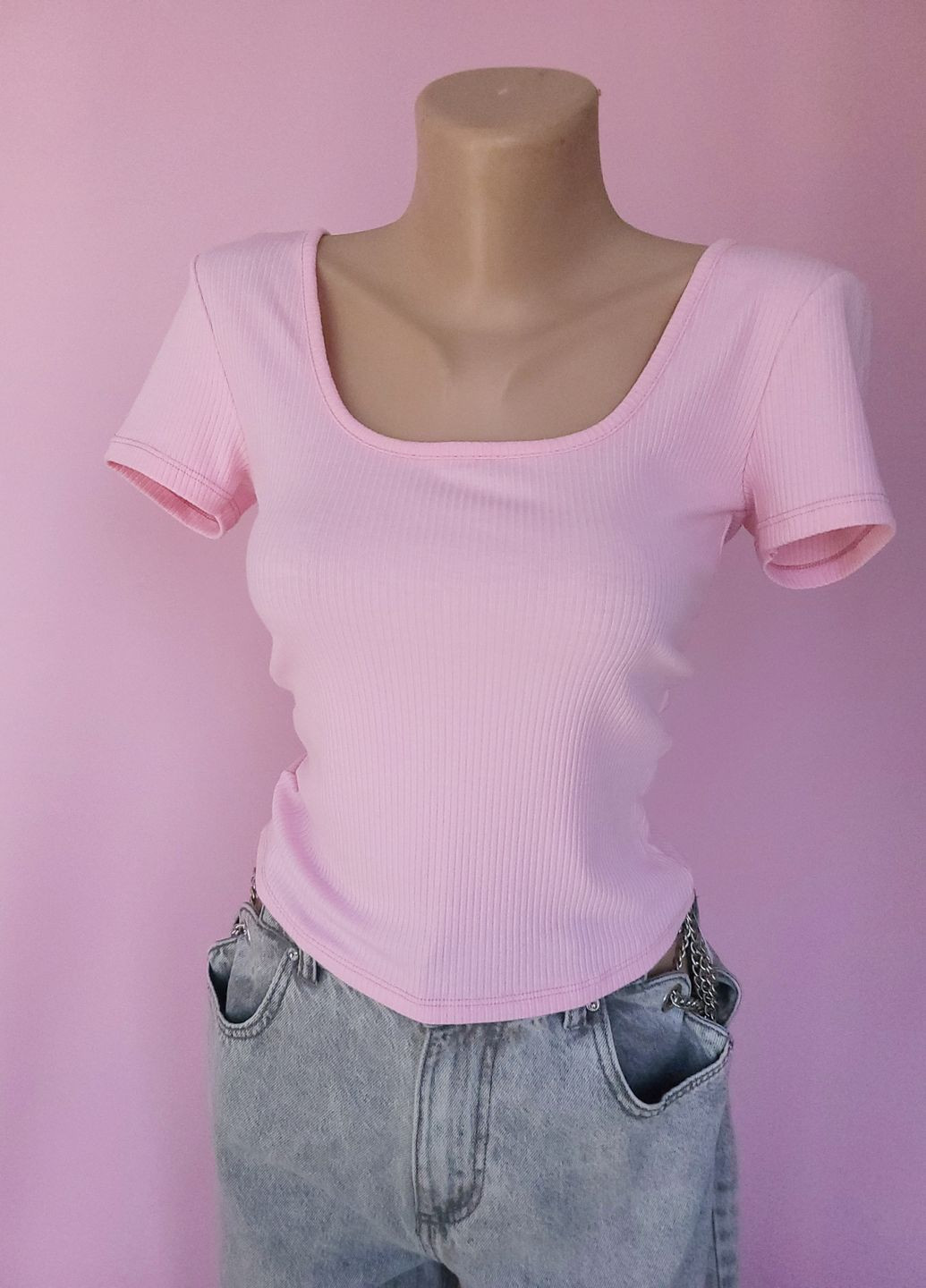 Футболка в рубчик укороченная Розовая Pink Woman - (262892639)
