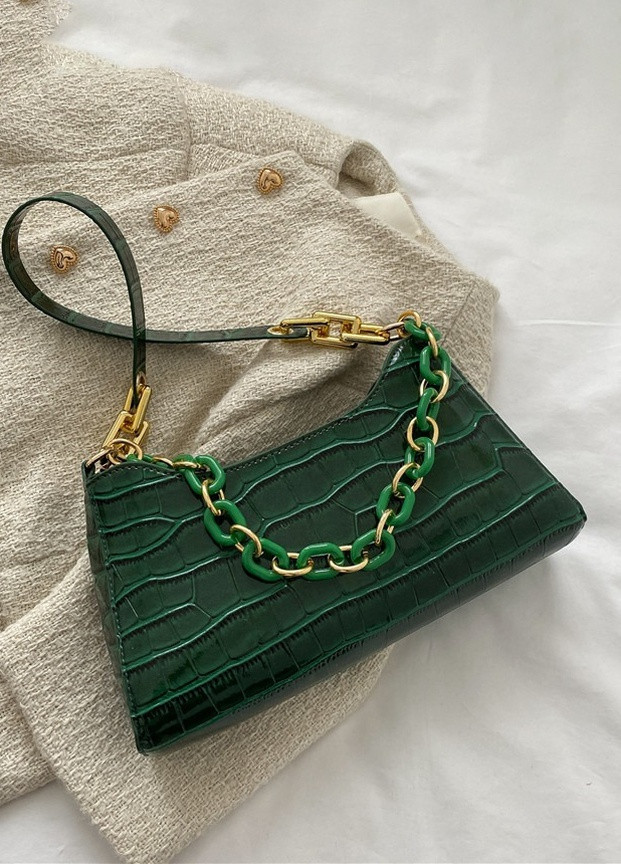 Женская маленькая сумка рептилия багет крокодиловая кожа зеленая No Brand (259471131)