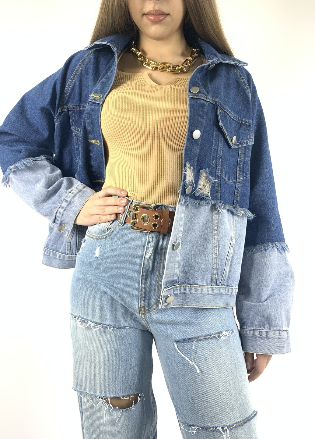 Світло-блакитна куртка жіноча джинсова комбінована Kor@Kor