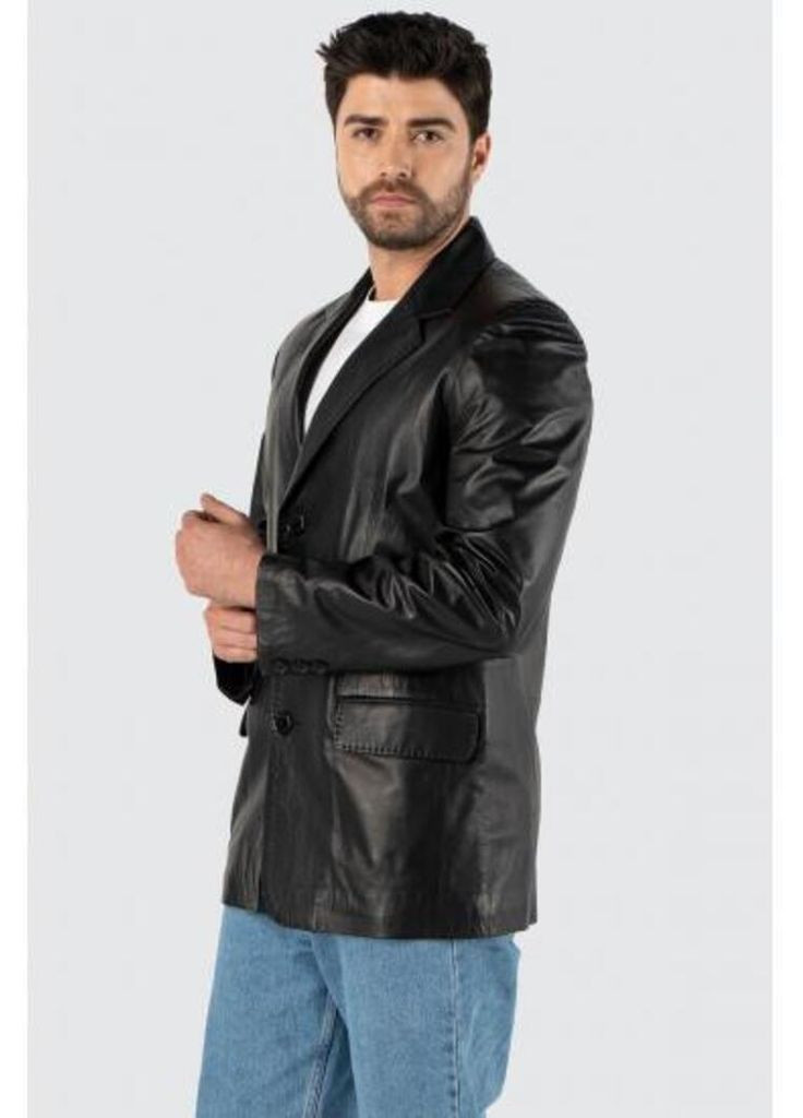 Черная демисезонная кожаная куртка блейзер мужская черная 26130011 No Brand