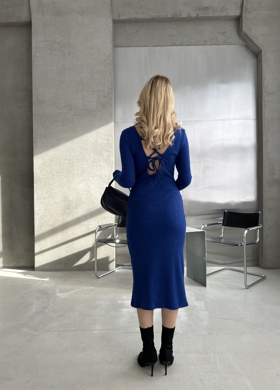 Светло-синее привлекательное качественное платье из плотной двухсторонней ангоры "лапша", тёплое длинное платье с открытой спиной на завязках No Brand