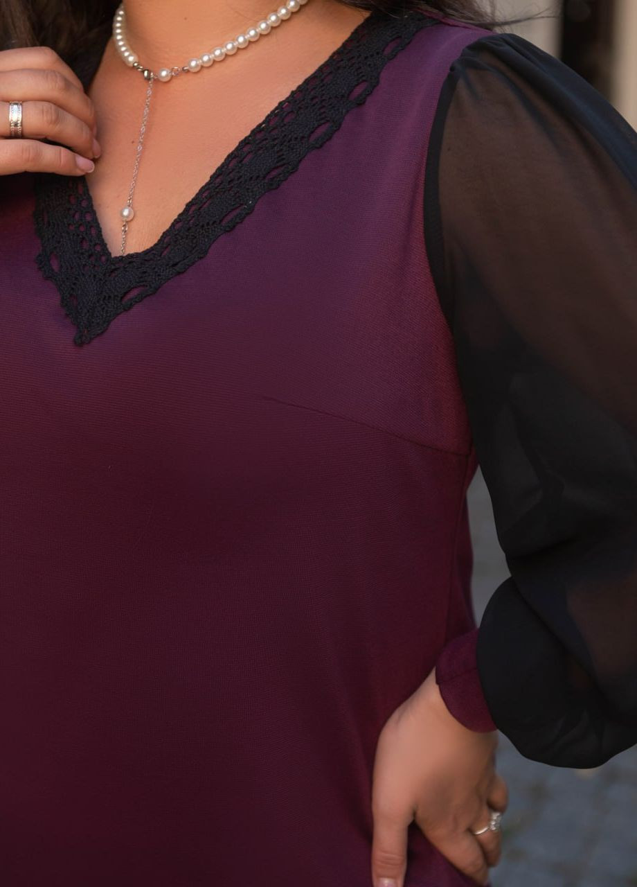 Бордова трикотажне жіноче плаття з шифоновими рукавами марсала р.60/62 444398 New Trend