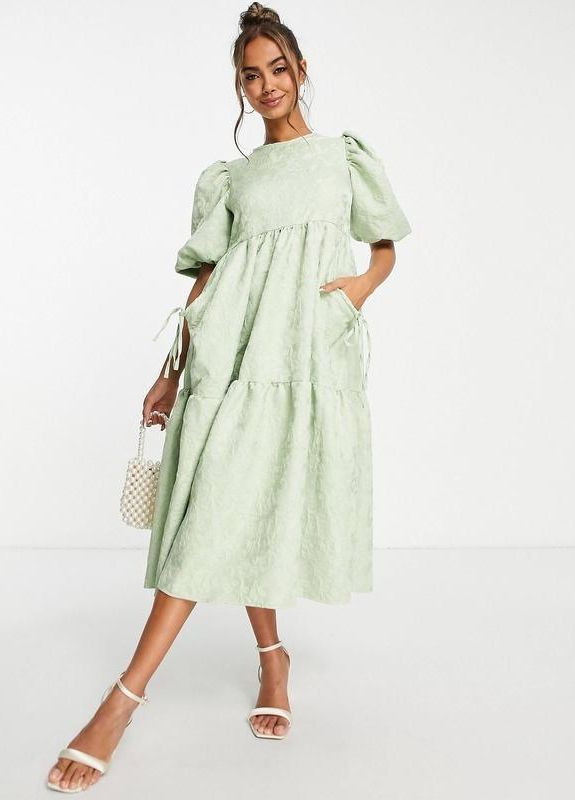 Зеленое зеленое ярусное платье жаккардовое меди с карманами-книжками design Asos