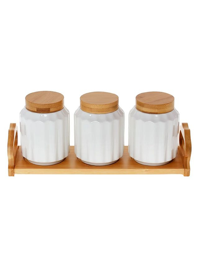 Набір банок для сипучих продуктів на бамбуковій підставці Naturel колір білий ЦБ-00235742 BonaDi (268985031)