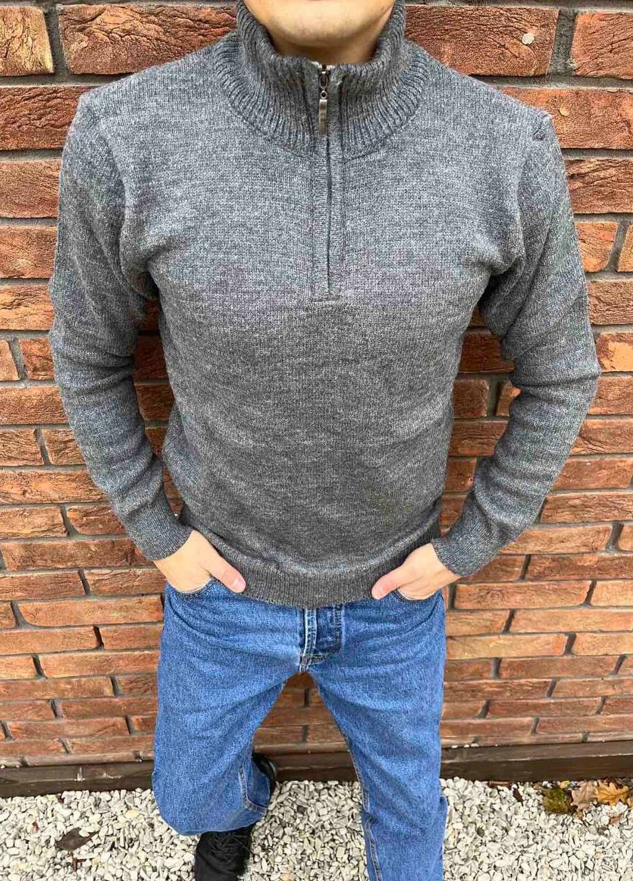 Серый зимний мужской однотонный свитер No Brand
