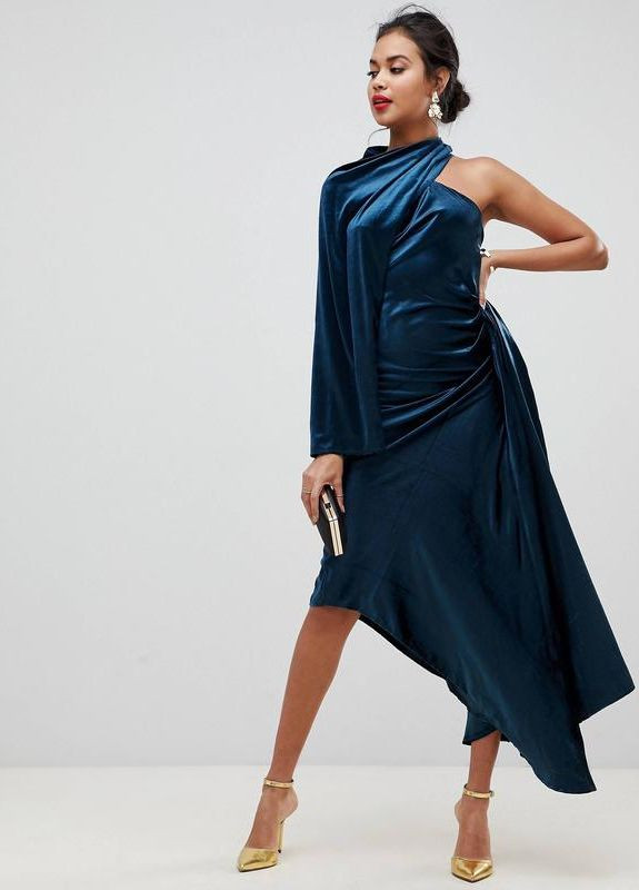 Темно-голубое праздничный, коктейльное, вечернее бархатное асимметричное драпированное платье edition Asos