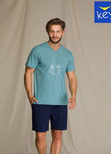 Пижама мужская шорты и футболка с коротким рукавом Бирюзовый с темно-синим MNS 073 A21 (С) Key (257043125)