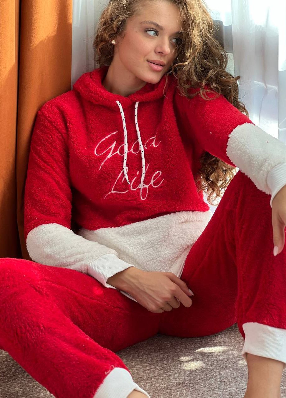 Червона зимня жіноча тепла махрова піжама кофта + брюки No Brand