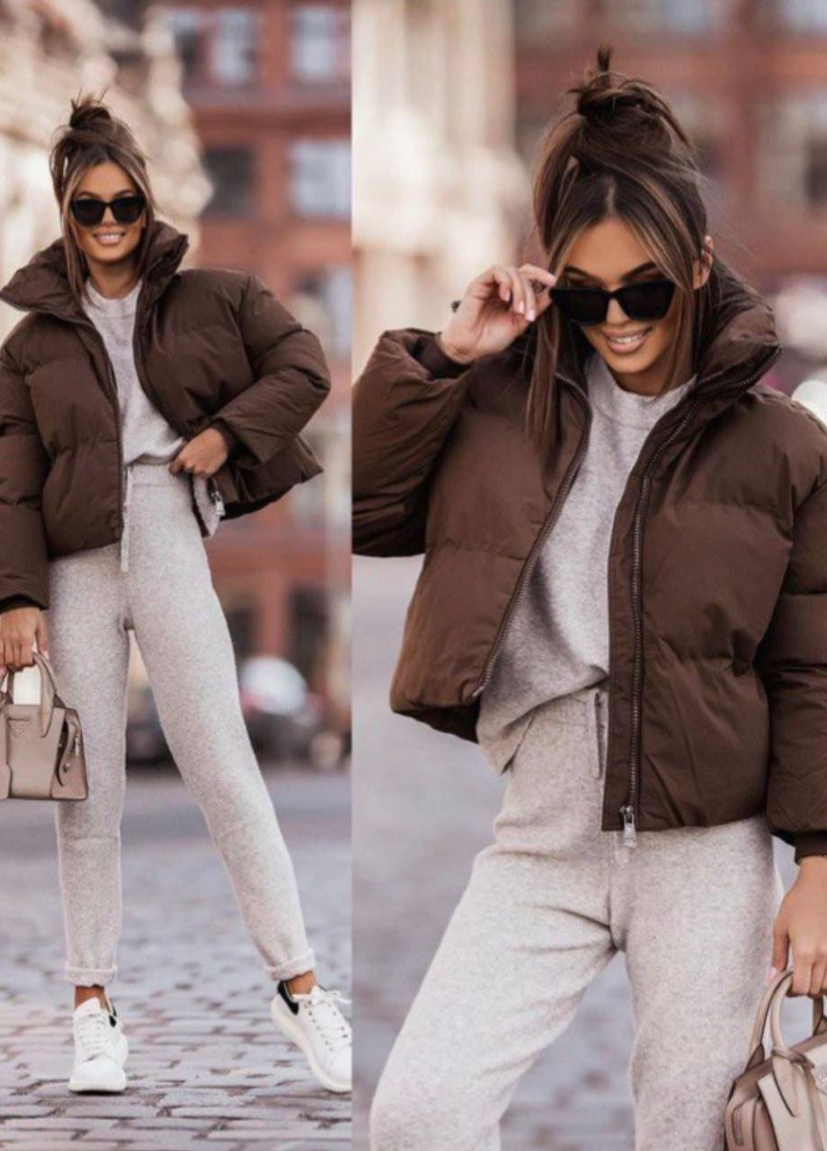 Коричневая женская укороченная теплая курточка цвет шоколад р.42/44 448646 New Trend