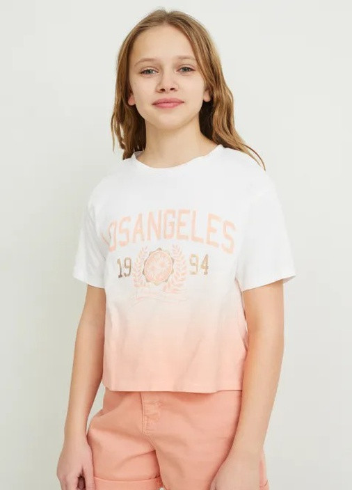 Комбинированная летняя стильная короткая футболка для девочки 2196873 C&A