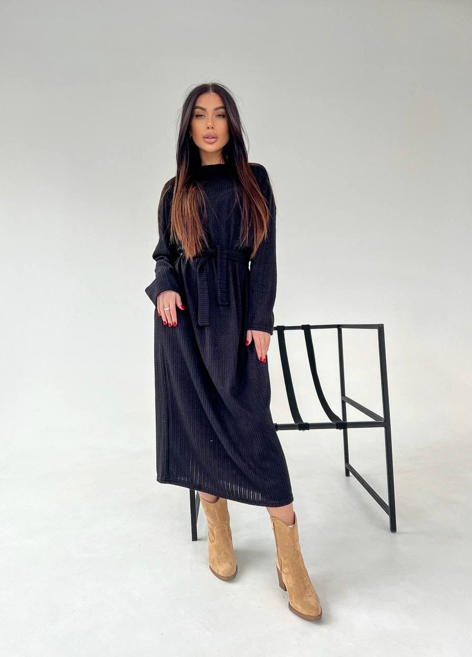 Черное идеальное платье с поясом из вязки для ваших осенних образов, приятное к телу платье и крой который подчеркнёт вашу фигуру No Brand