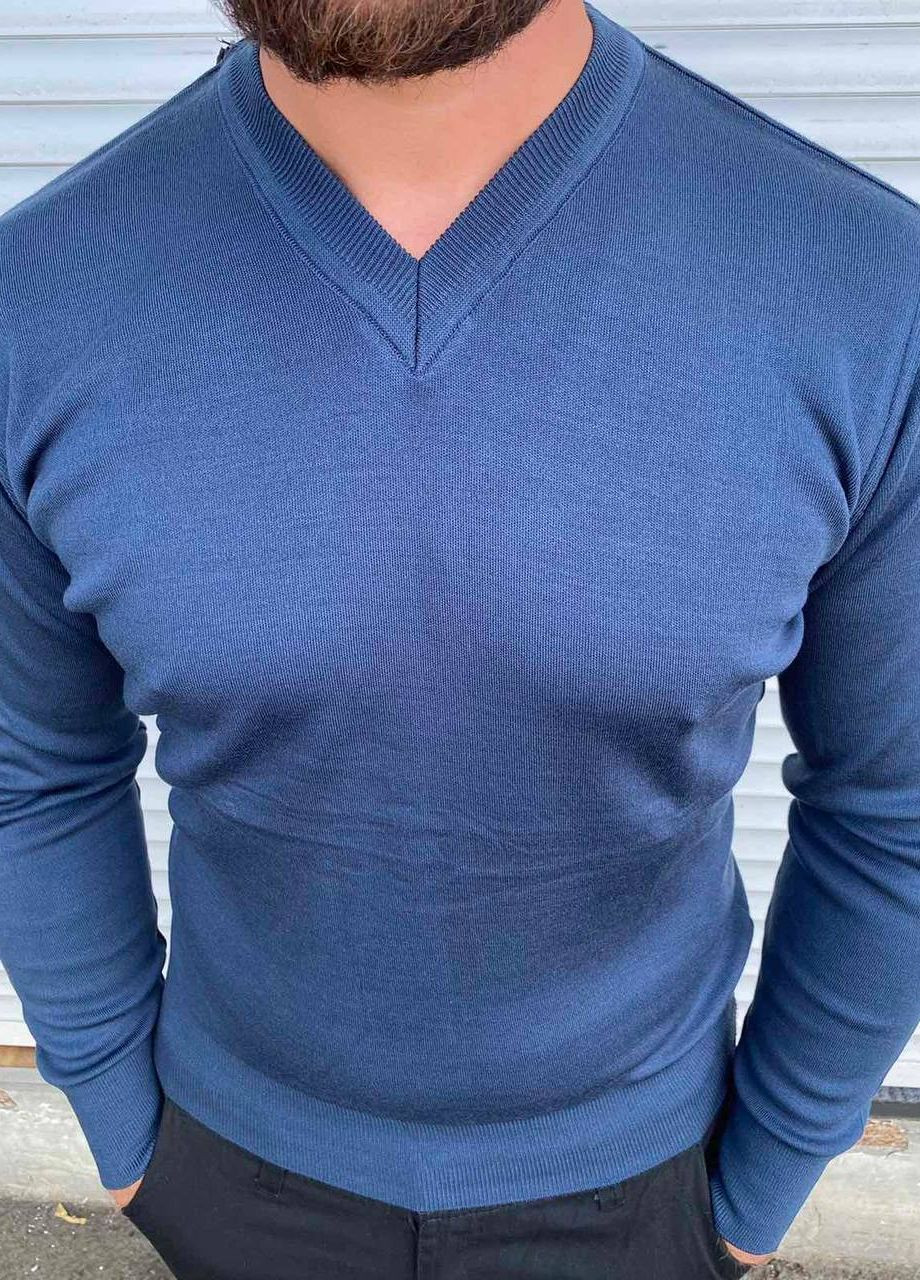Синий демисезонный мужской базовый свитер пуловер No Brand