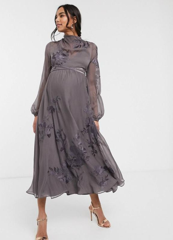 Темно-сіра сукня міді з високим вирізом та вишивкою design maternity Asos