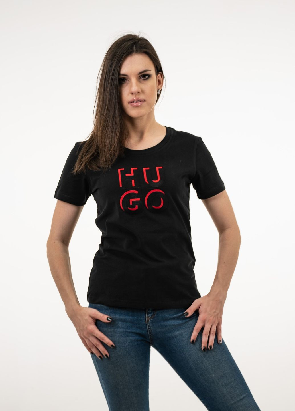 Черная летняя футболка женская Hugo Boss RELAXED-FIT T-SHIRT IN COTTON JERSEY WITH LOGO