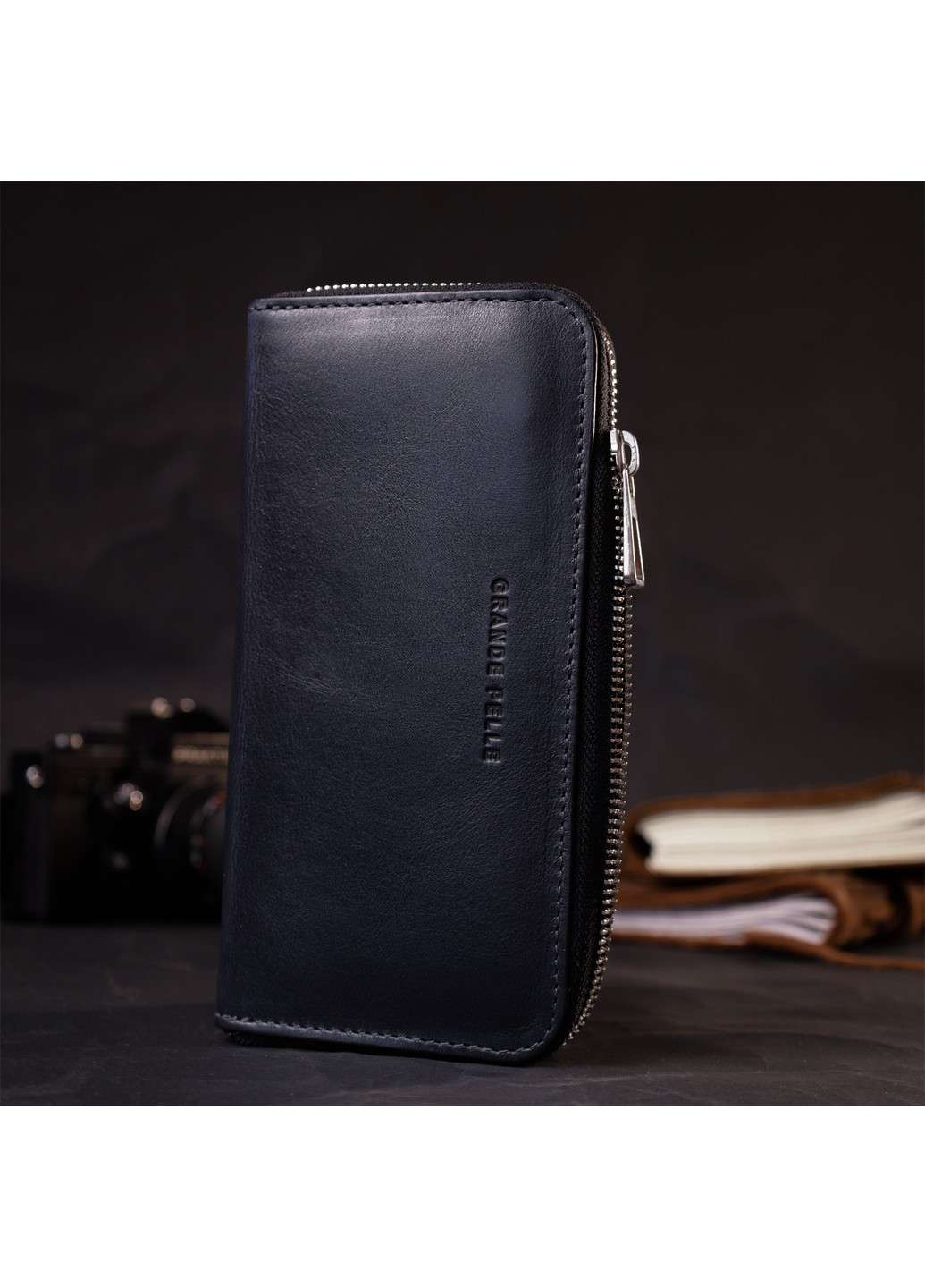 Стильний гаманець-клатч на блискавці із натуральної шкіри 11644 Синій Grande Pelle (267507190)