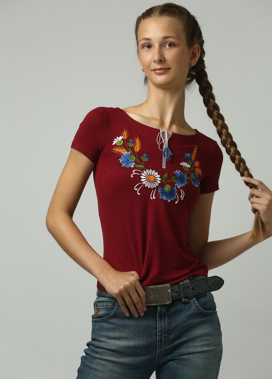 Бордова жіноча футболка з квітковою вишивкою "Віночок" Melanika (277160507)