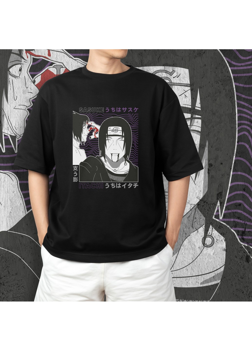 Черная футболка c принтом наруто - итачи и саске No Brand