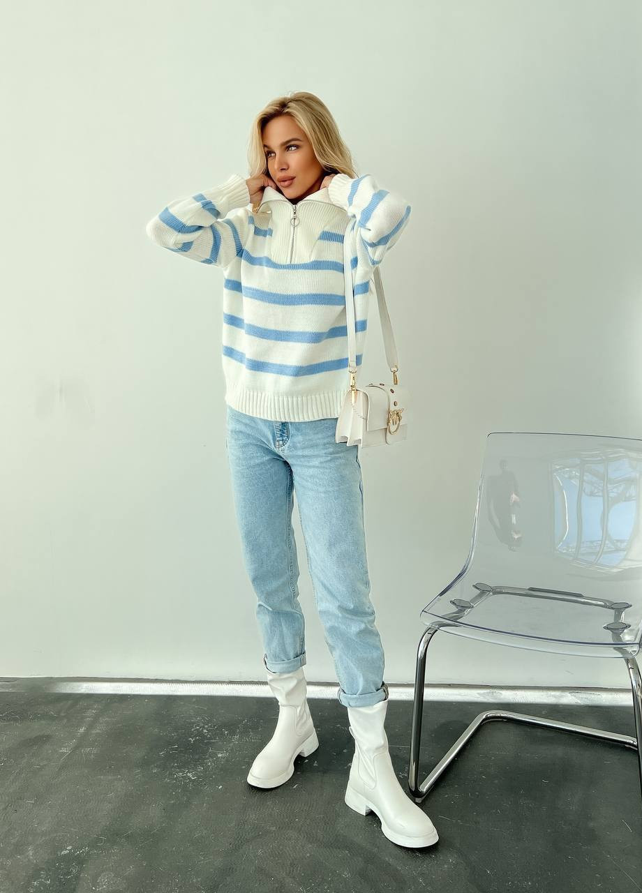 Жіночий светр вовняний в смужку з блискавкою молочний з блакитним р.42/46 396783 New Trend (258967727)