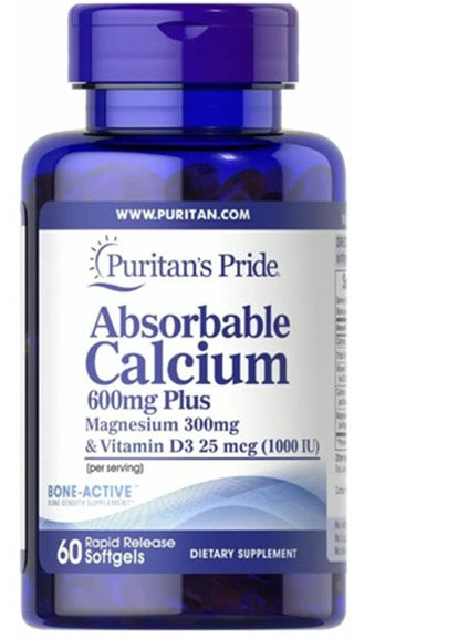 Puritan's Pride Absorbable Calcium 600 mg with Vitamin D3 1000 IU 60 Softgels Puritans Pride (256725768)