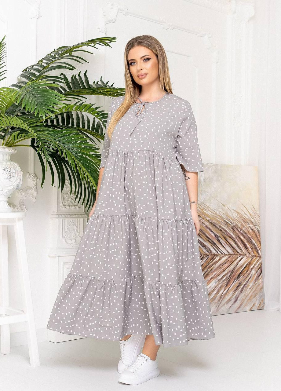 Сіра жіноча довга сукня в горошок сірого кольору р.50/54 359128 New Trend