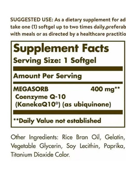 Megasorb CoQ-10 400 mg 30 Softgels Solgar (256722747)