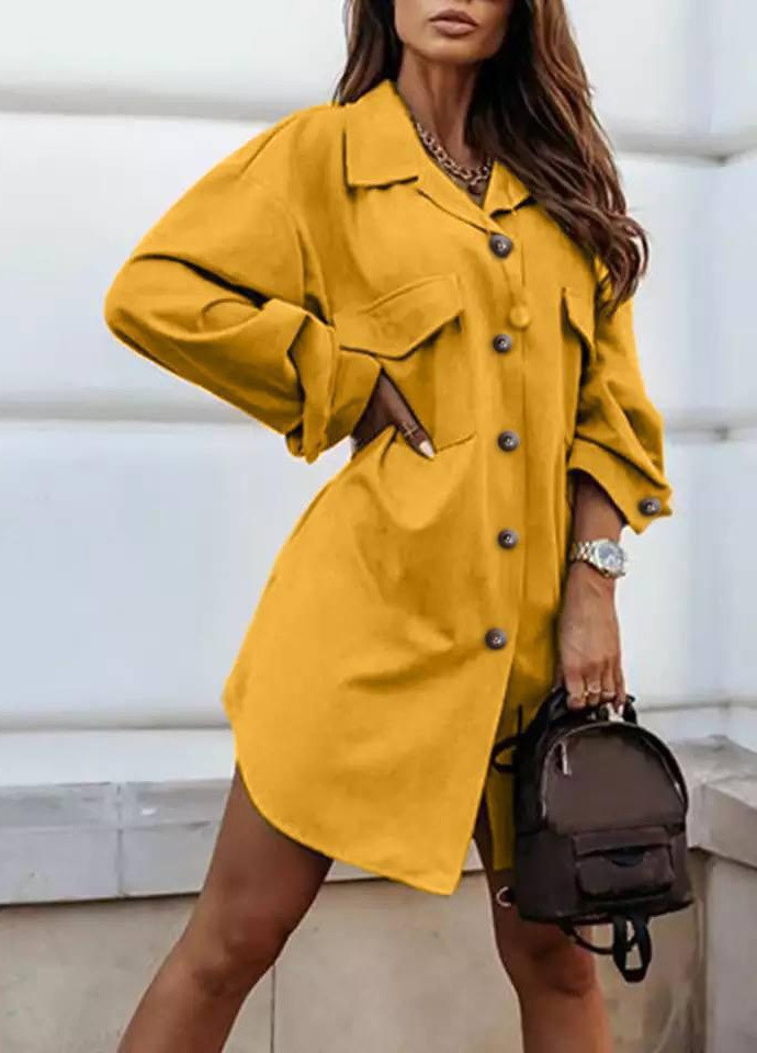 Желтое женское свободное платье на пуговицах горчичного цвета р.50/52 407187 New Trend
