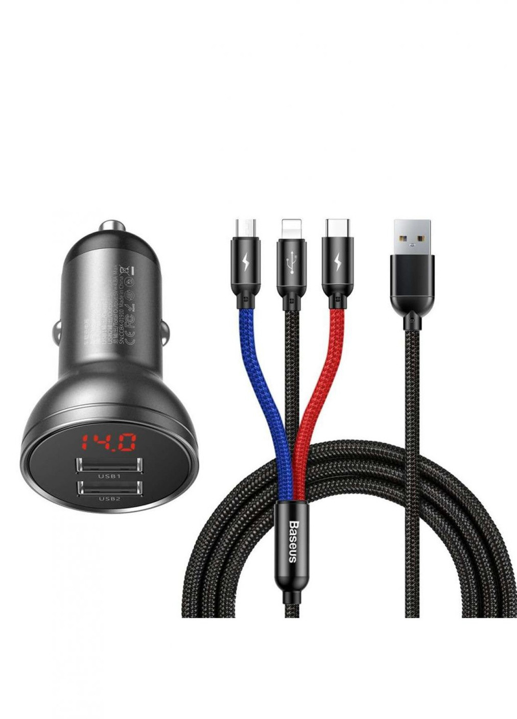 АЗУ Digital Display Dual USB 4.8A Car Charger 24W with Three Primary Colors 3-in-1 Cable USB Baseus (259318273)