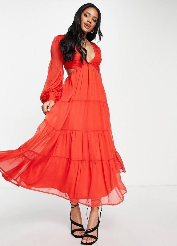Червона сукня міді з м'яким плісованим ліфом, багаторівневою спідницею та шнурівкою позаду design Asos