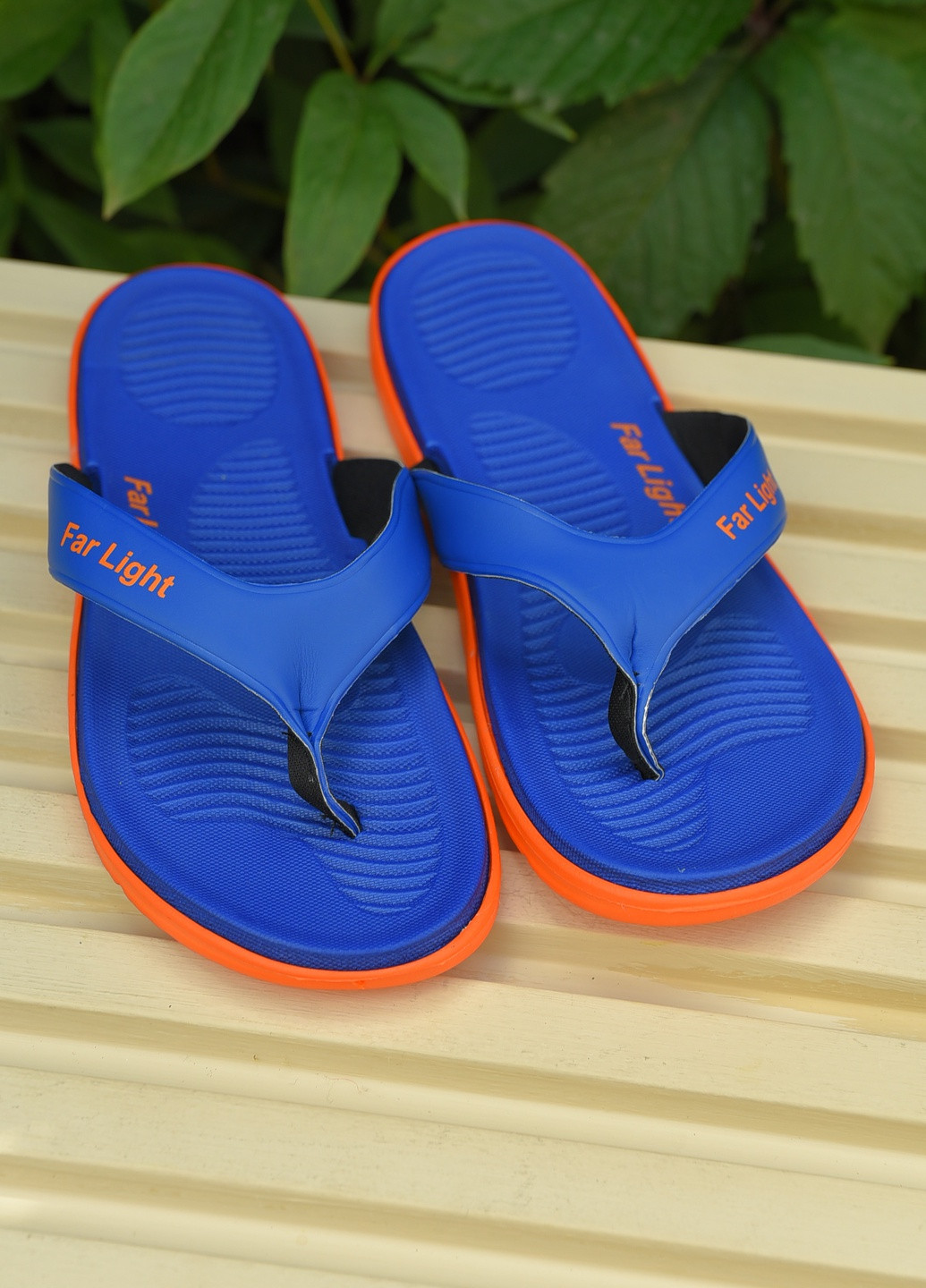 Синие пляжные вьетнамки мужские синего цвета с оранжевой подошвой Let's Shop