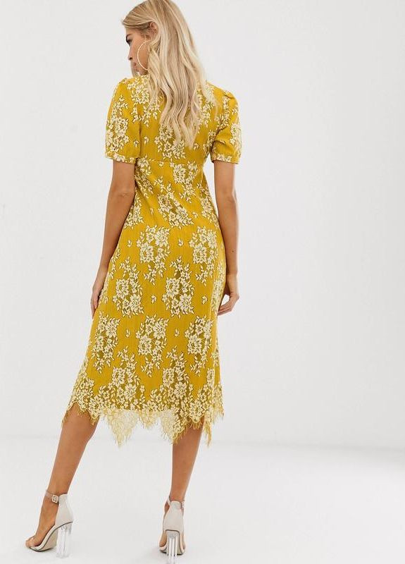 Горчичное кружевное чайное платье миди на пуговицах design Asos с цветочным принтом