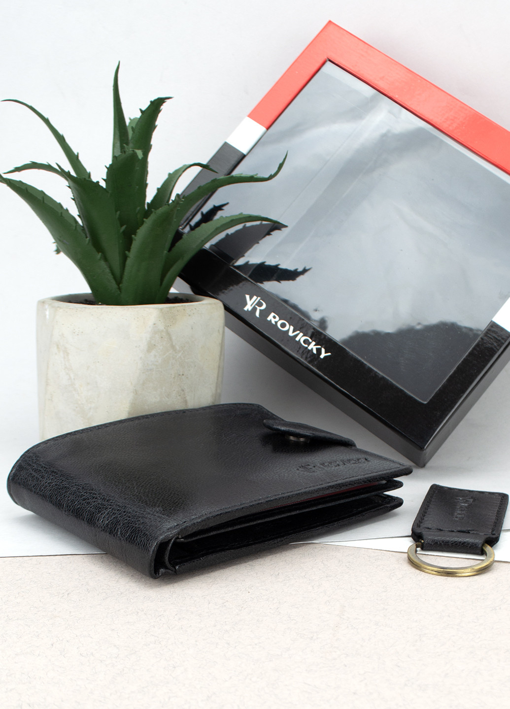 Подарочный набор мужской черный M-N003L-GVT (портмоне и брелок) Rovicky (270090001)