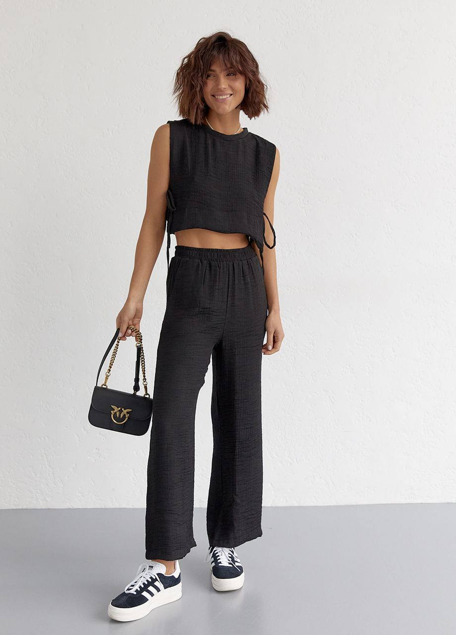 Летний женский костюм с брюками и топом с завязками - черный Lurex (262810590)