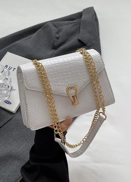 Женская классическая сумка 3120-6585 через плечо кросс-боди на цепочке рептилия белая No Brand (276070757)