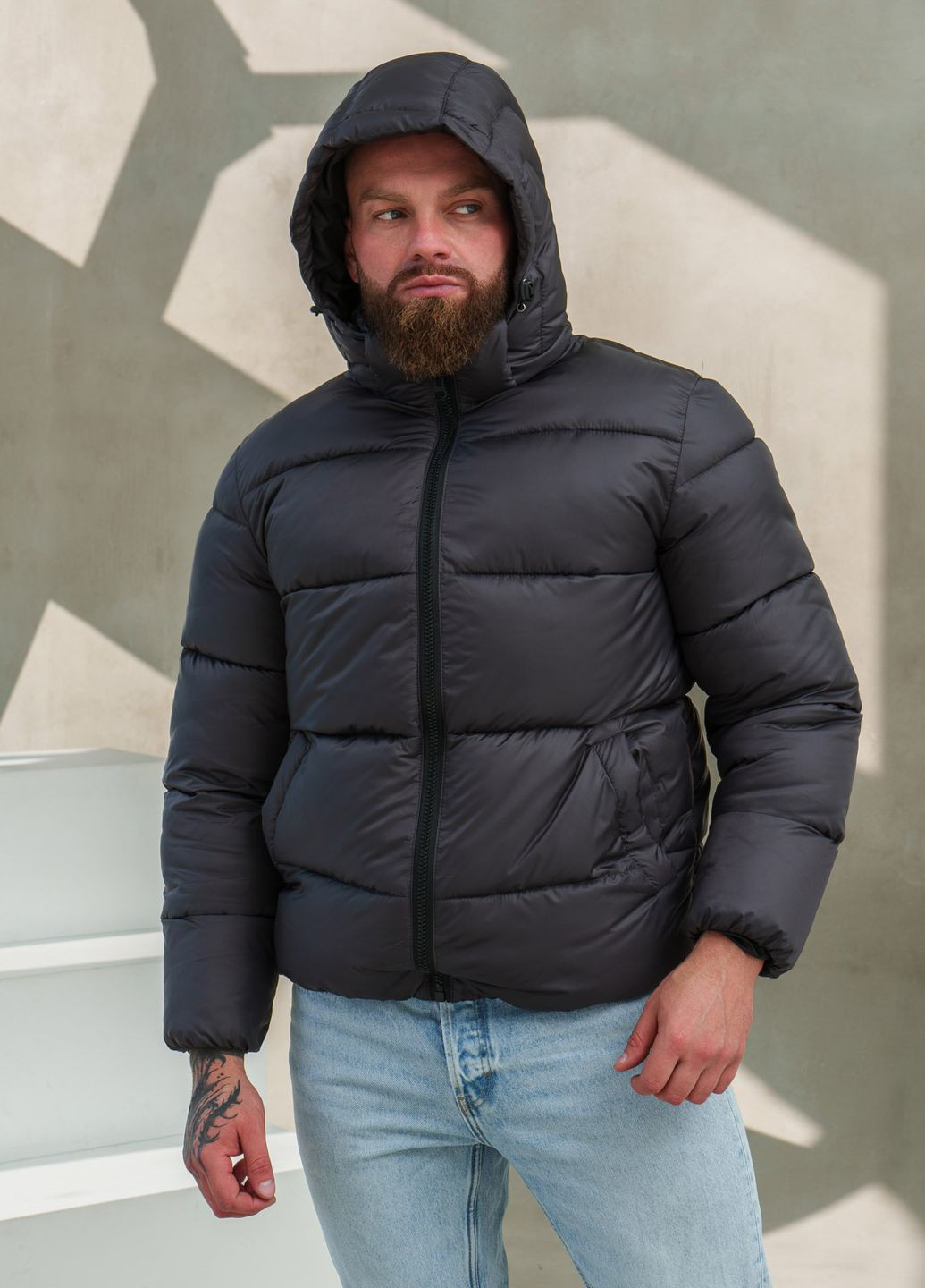 Темно-сіра зимня куртка зимова пуховик чоловіча No Brand куртка пуховик