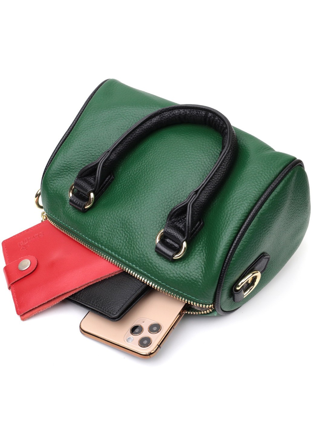 Кожаная сумка бочонок с темными акцентами 22351 Зеленая Vintage (276461828)