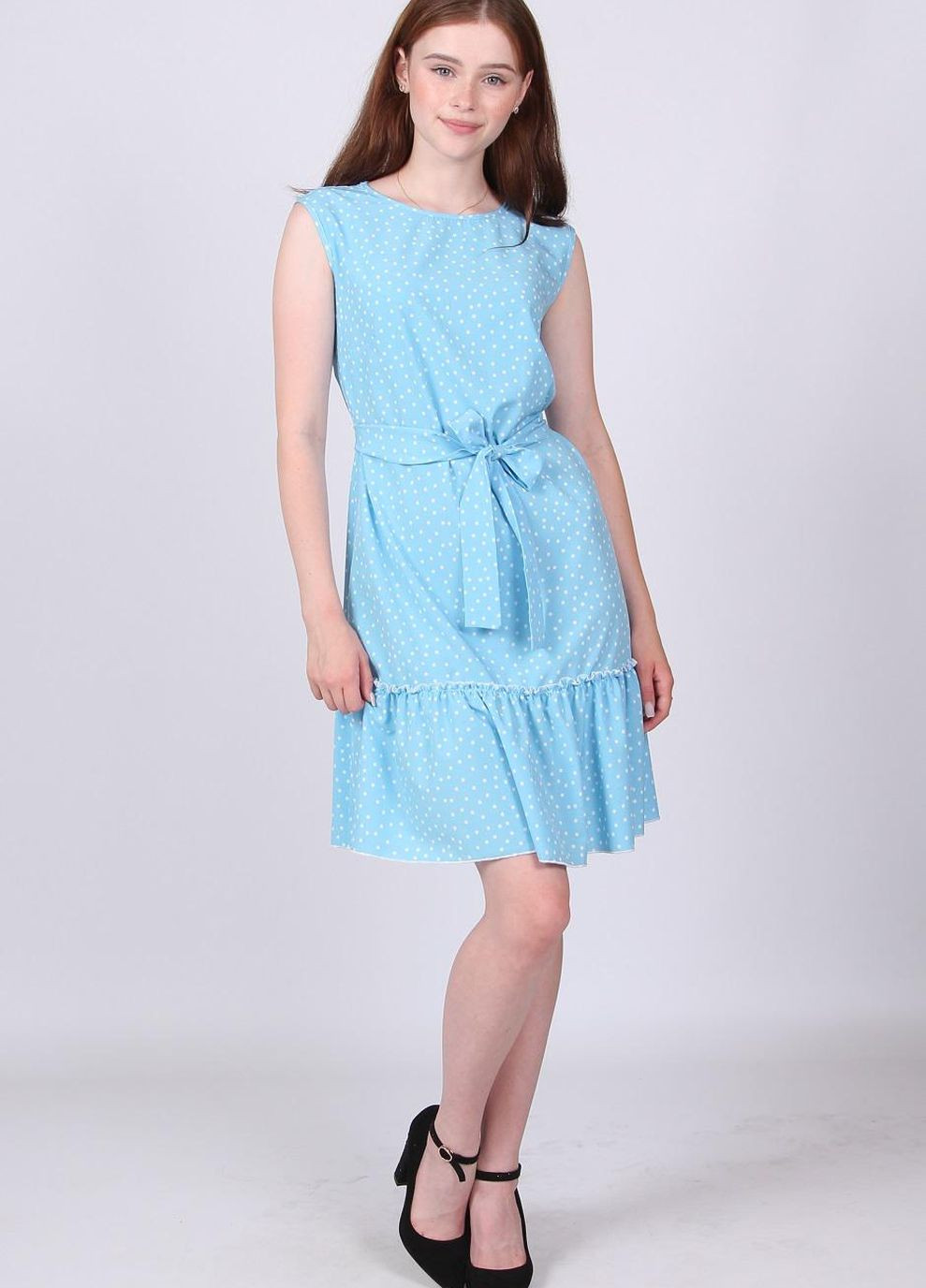 Голубое кэжуал платье женское 339 горох белый софт голубое Актуаль